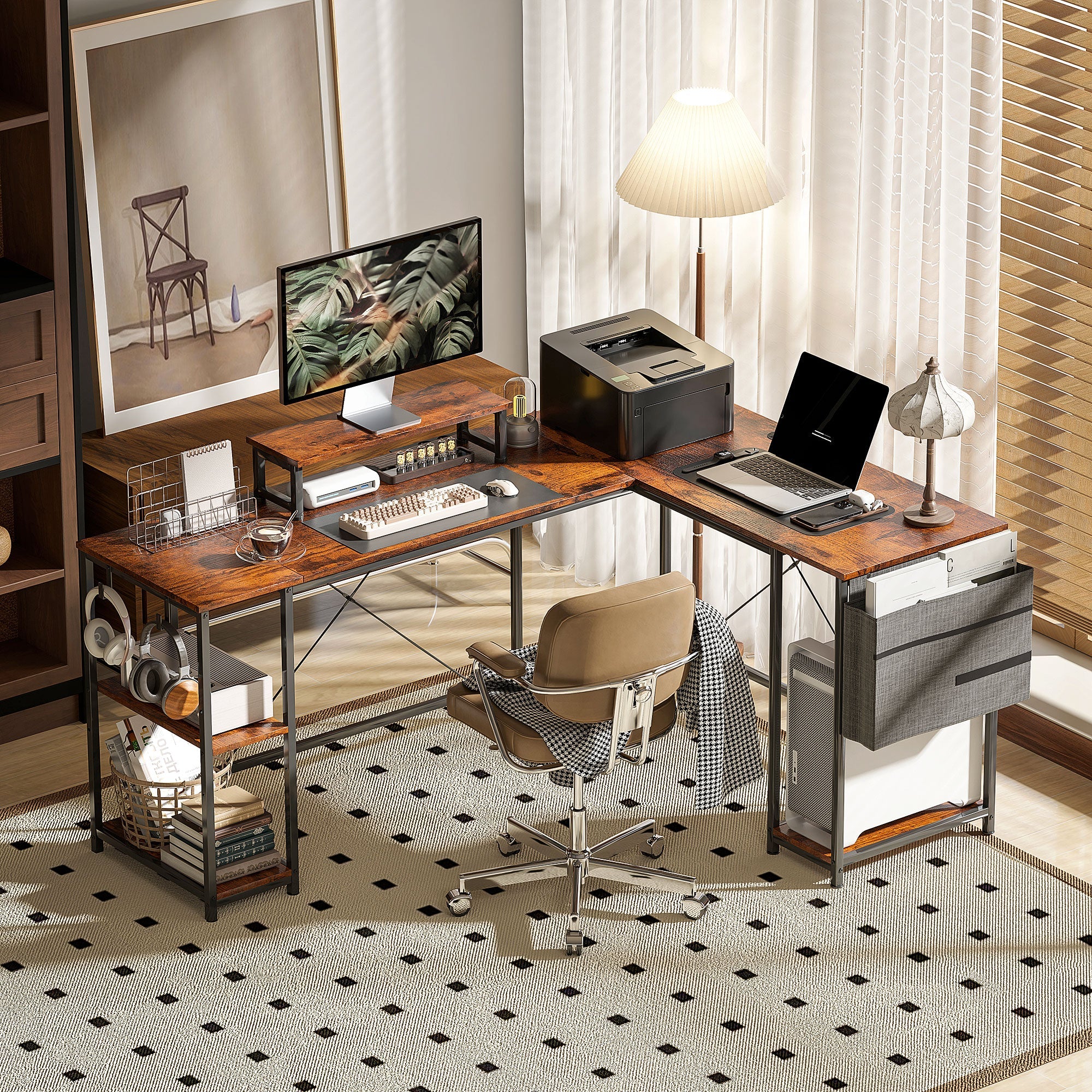 168cm Reversible L Shaped Desk, Industrial Corner Computer Desk with Adjustable Shelf and Storage Bag, 240cm 2 Person Desk with Monitor Stand, Rustic Brown