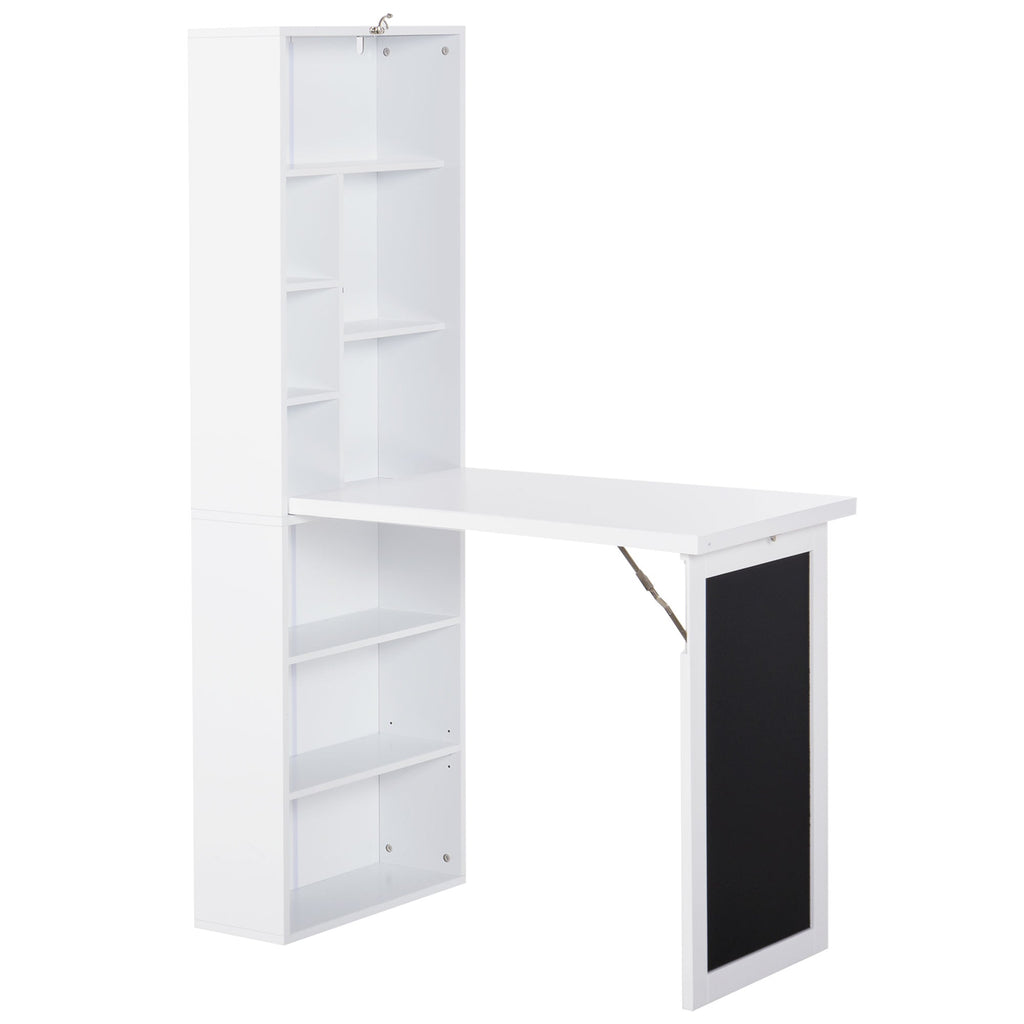 Wall Mounted Computer Desk, Folding Study Table with Black Board and Bookshelf, Multifunctional Floating Writing Desk for Home Office, White White