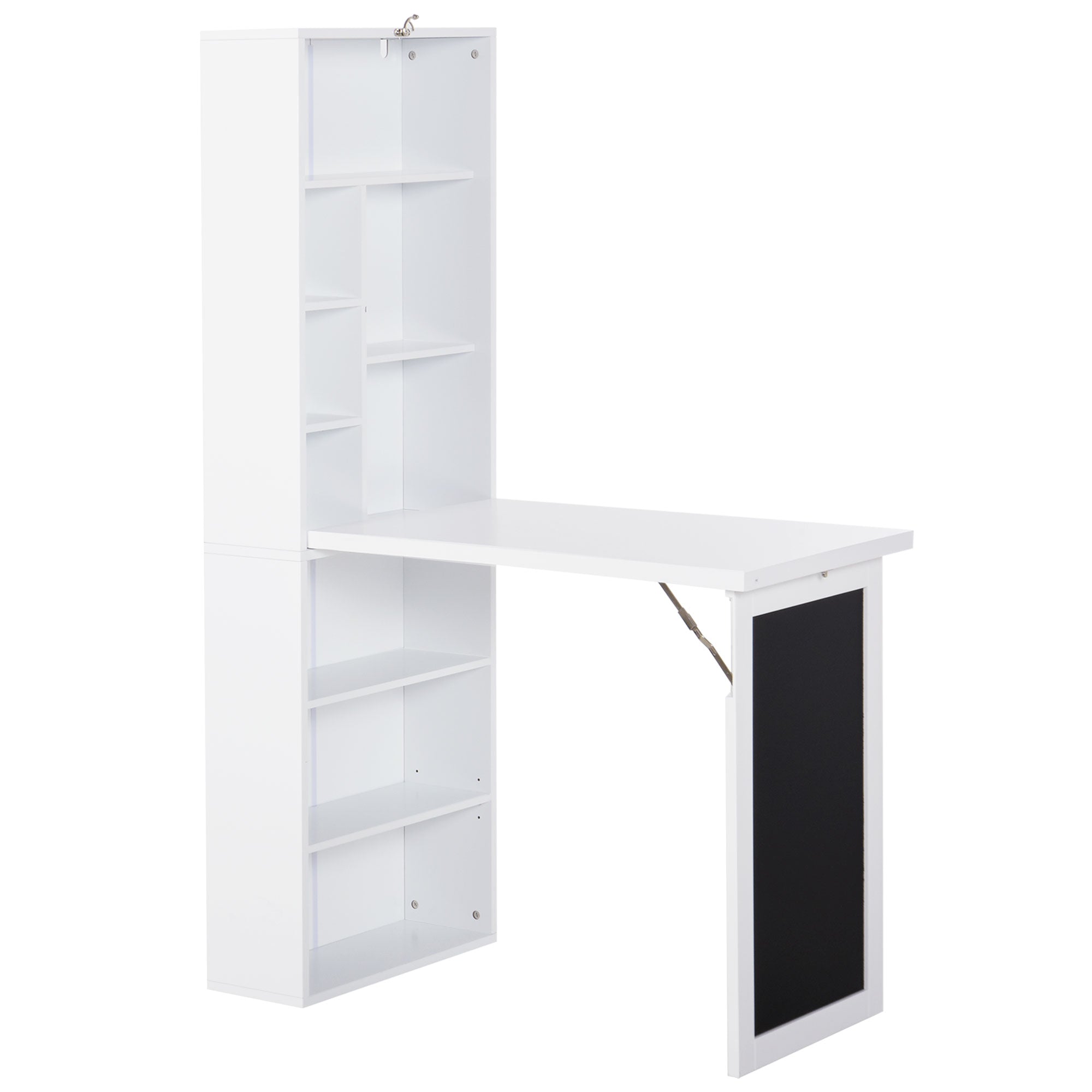 Wall Mounted Computer Desk, Folding Study Table with Black Board and Bookshelf, Multifunctional Floating Writing Desk for Home Office, White White