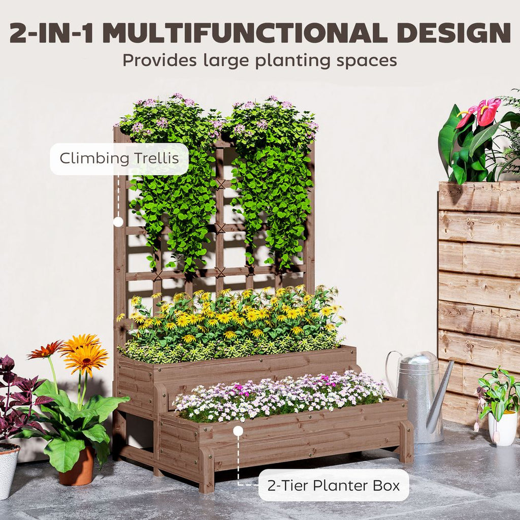 2-Tier Wooden Raised Bed with Trellis and Drainage Holes