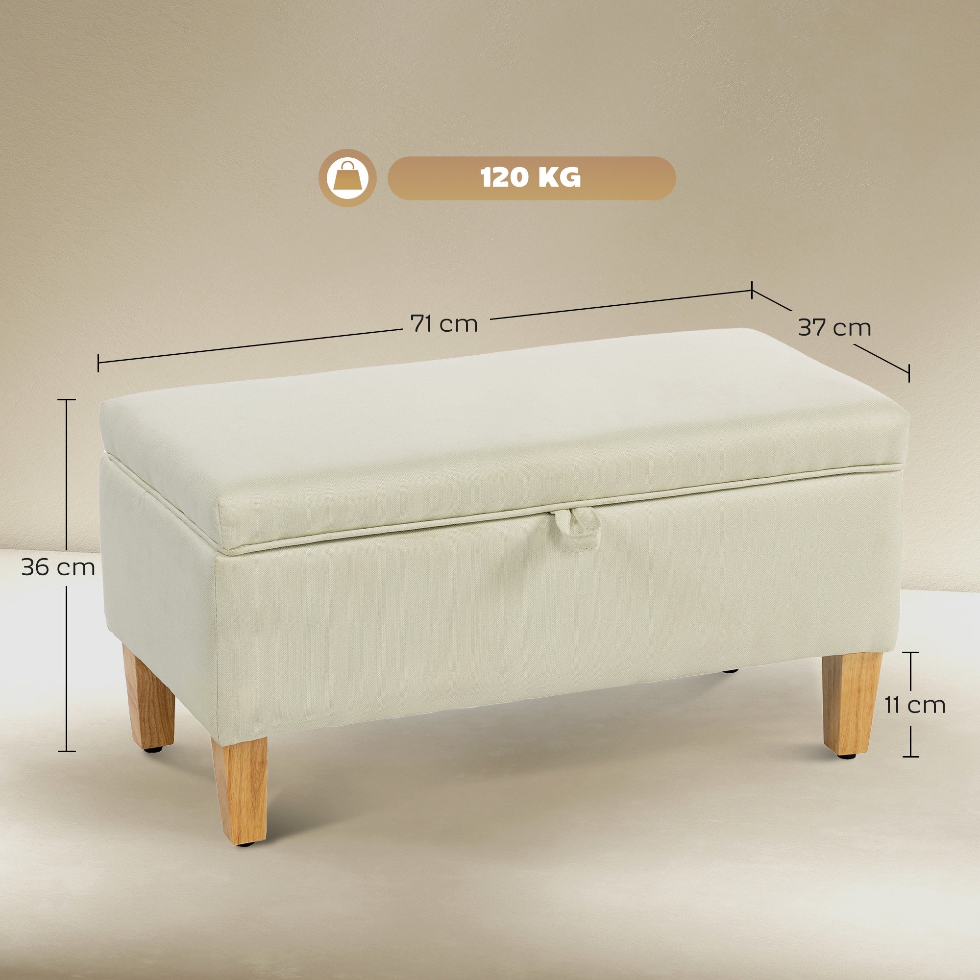 30L Linen Storage Ottoman Padded Footstool with Rubberwood Legs, Beige