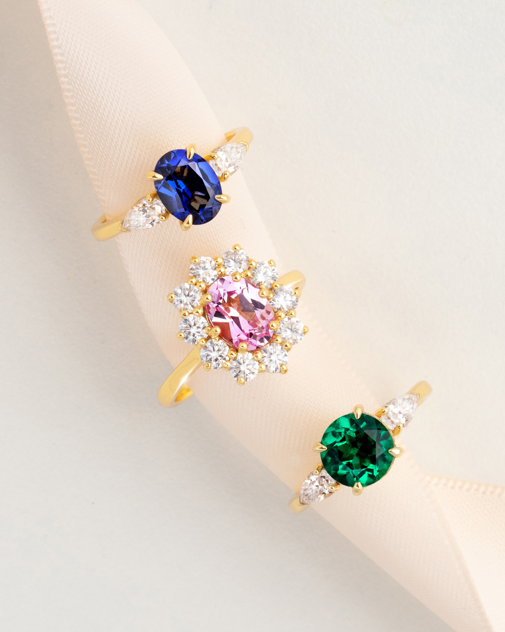 Blue Sapphire Oval Three Stone Engagement Ring in 18k Gold Vermeil