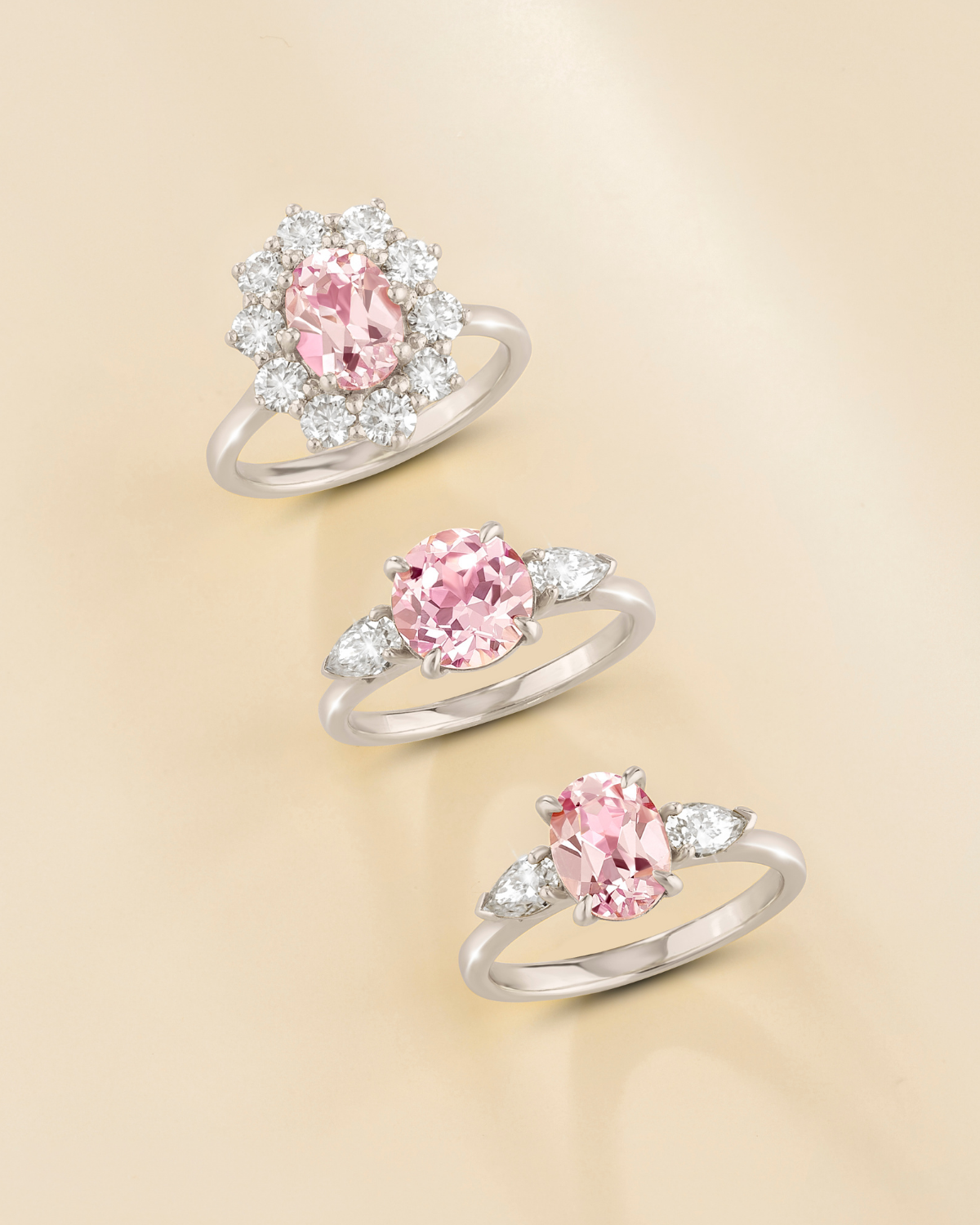 Pink Sapphire Oval Cut Three Stone Engagement Ring in Sterling Silver
