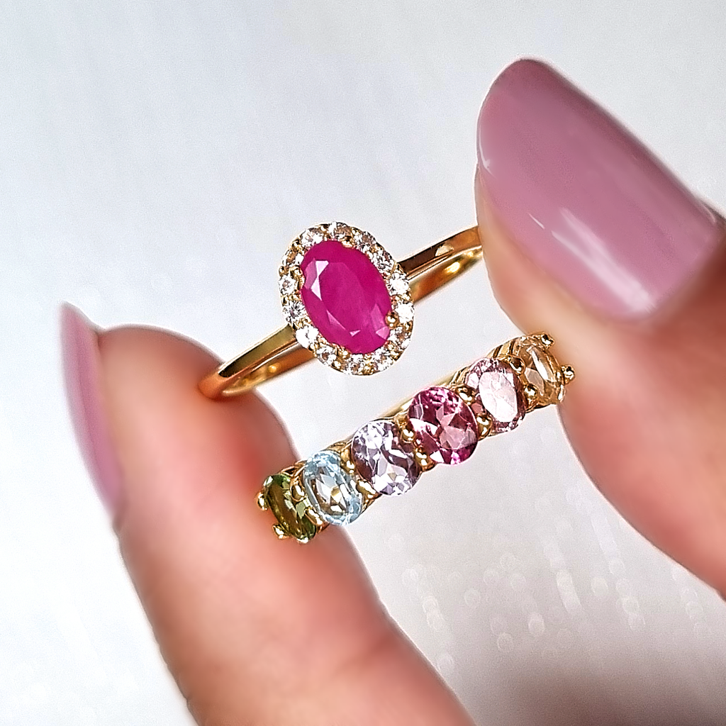 Rainbow Multicoloured Gemstone Half Eternity Ring in 18k Gold Vermeil