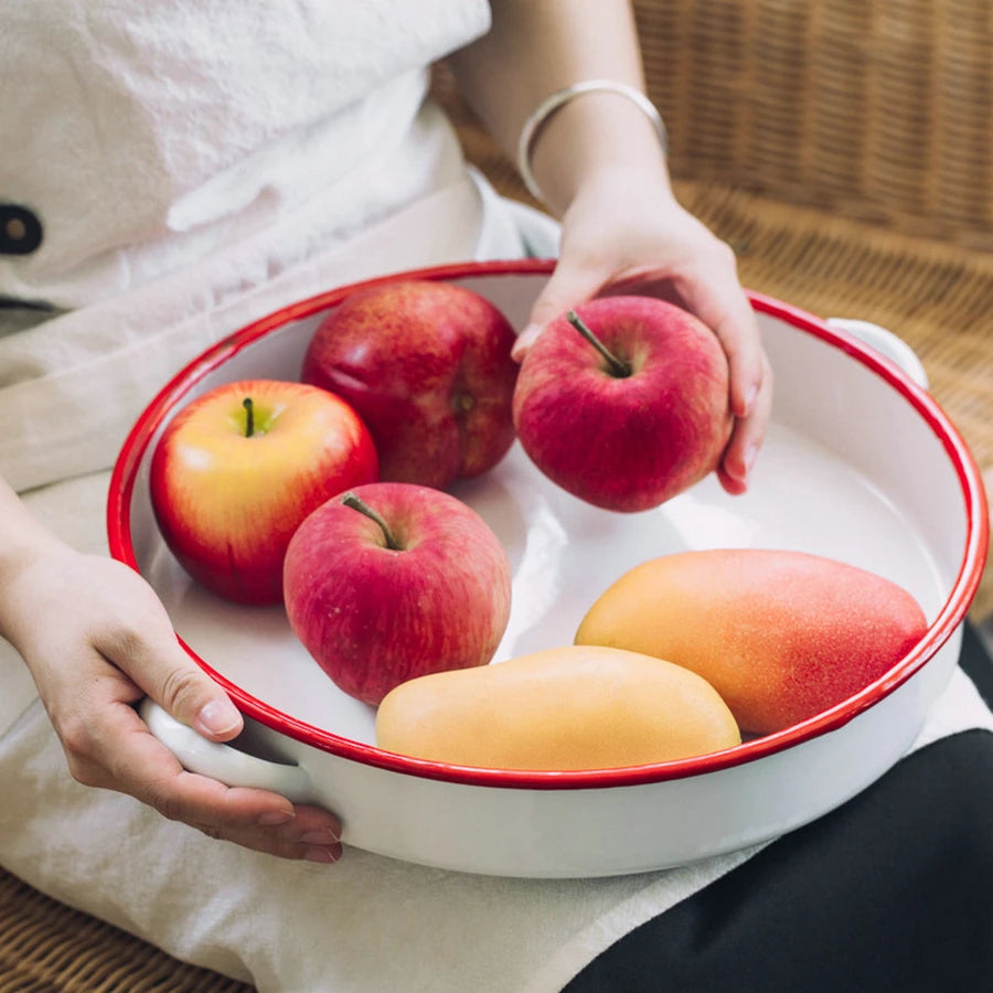White & Red Enamel Baking Dish with Dual Side Handles – Deep Round Pan for Baking, Roasting, and Serving, Oven & Induction Safe, 3 Sizes Available