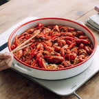 White & Red Enamel Baking Dish with Dual Side Handles – Deep Round Pan for Baking, Roasting, and Serving, Oven & Induction Safe, 3 Sizes Available