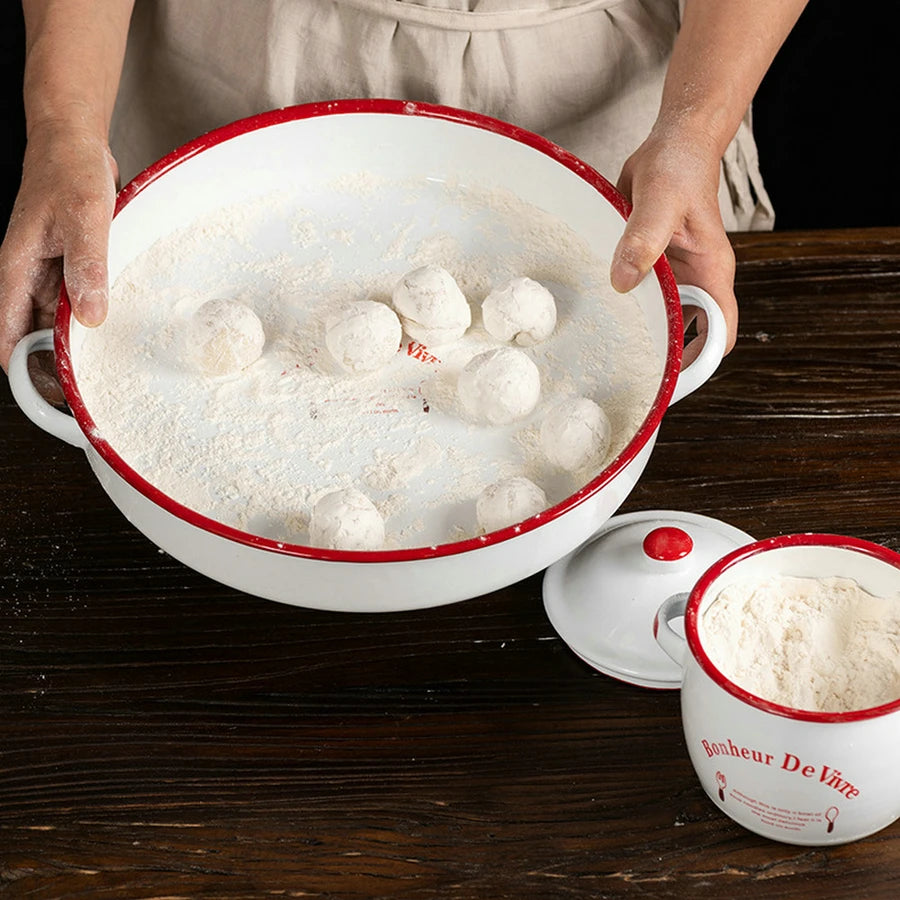 White & Red Enamel Baking Dish with Dual Side Handles – Deep Round Pan for Baking, Roasting, and Serving, Oven & Induction Safe, 3 Sizes Available