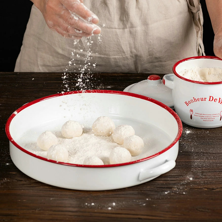 White & Red Enamel Baking Dish with Dual Side Handles – Deep Round Pan for Baking, Roasting, and Serving, Oven & Induction Safe, 3 Sizes Available