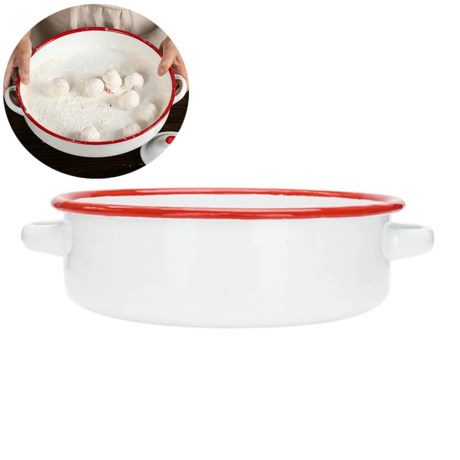 White & Red Enamel Baking Dish with Dual Side Handles – Deep Round Pan for Baking, Roasting, and Serving, Oven & Induction Safe, 3 Sizes Available