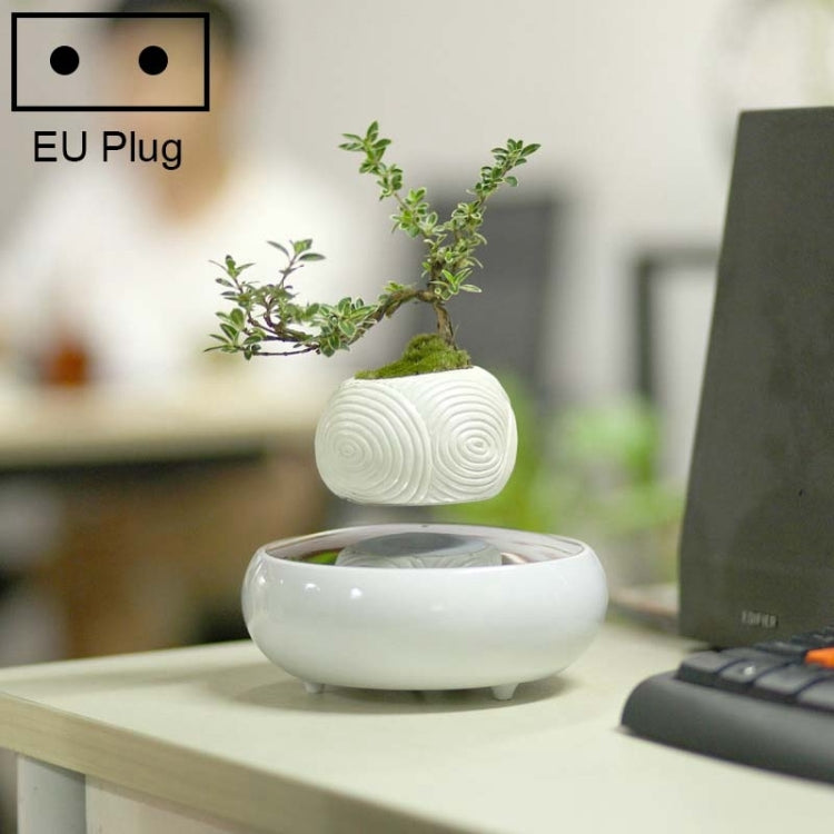 Dark Color Stripe Flower Pot + Imitation Ceramic Resin Base Magnetic Levitation Potted Plant Home Decoration, EU Plug, White Stripe EU Plug, Dark Color EU Plug, Soil Color EU Plug White Stripe EU Plug HC0262D