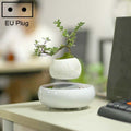 Dark Color Stripe Flower Pot + Imitation Ceramic Resin Base Magnetic Levitation Potted Plant Home Decoration, EU Plug, White Stripe EU Plug, Dark Color EU Plug, Soil Color EU Plug White Stripe EU Plug HC0262D