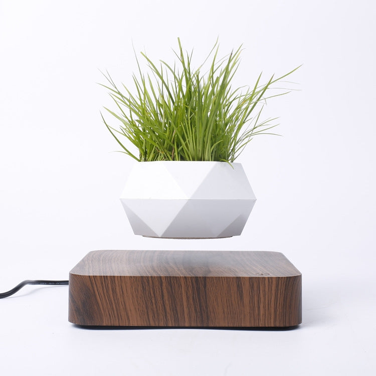 Diamond Plastic Flower Pot + Dark Wood Grain Base Magnetic Levitation Potted Plant Home Decoration, US Plug, Dark Wood Grain US Plug, Light Wood Grain US Plug