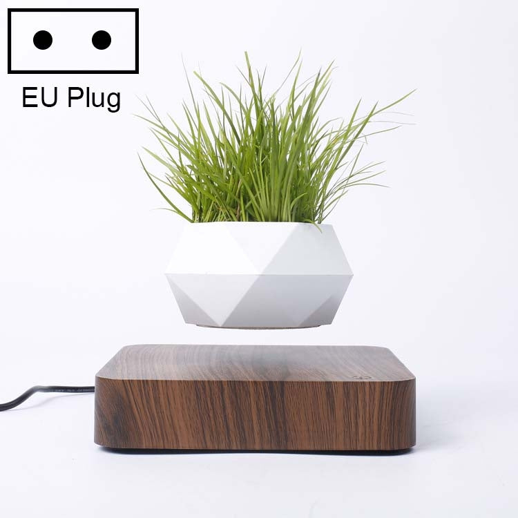 Diamond Plastic Flower Pot + Dark Wood Grain Base Magnetic Levitation Potted Plant Home Decoration, EU Plug, Dark Wood Grain EU Plug, Light Wood Grain EU Plug Dark Wood Grain EU Plug HC0266A