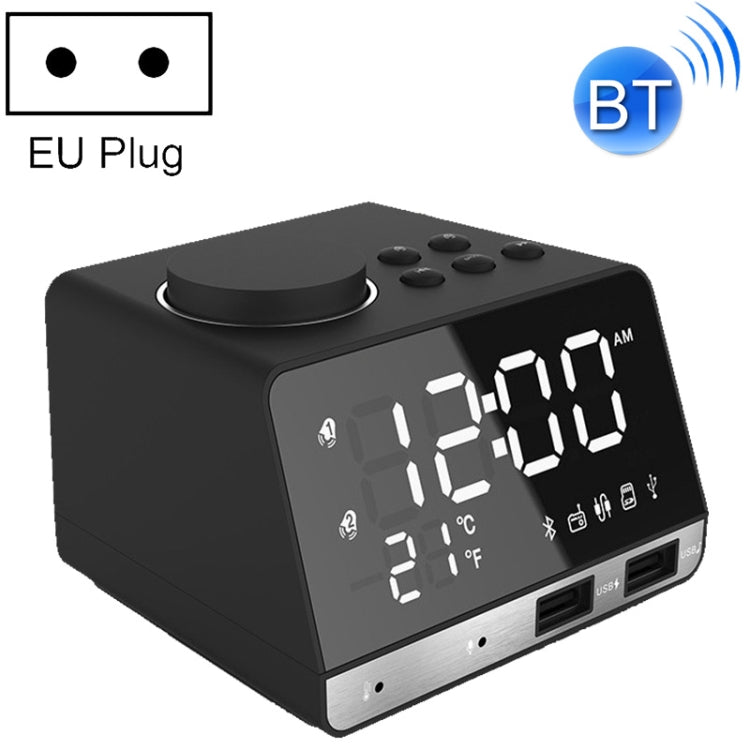 K11 Bluetooth Alarm Clock Speaker Creative Digital Music Clock Display Radio with Dual USB Interface, Support U Disk / TF Card / FM / AUX, EU Plug, EU Plug(Black), EU Plug(White) EU Plug(Black) Black