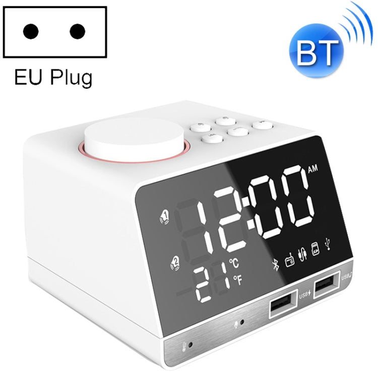 K11 Bluetooth Alarm Clock Speaker Creative Digital Music Clock Display Radio with Dual USB Interface, Support U Disk / TF Card / FM / AUX, EU Plug, EU Plug(Black), EU Plug(White) – Bluetooth, TPU EU Plug(White) White