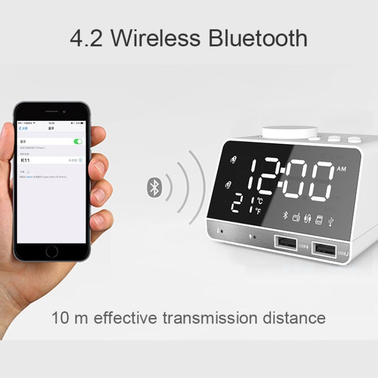 K11 Bluetooth Alarm Clock Speaker Creative Digital Music Clock Display Radio with Dual USB Interface, Support U Disk / TF Card / FM / AUX, US Plug, US Plug(Black), US Plug(White) – Bluetooth, TPU
