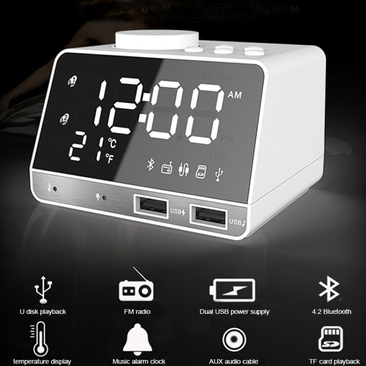 K11 Bluetooth Alarm Clock Speaker Creative Digital Music Clock Display Radio with Dual USB Interface, Support U Disk / TF Card / FM / AUX, US Plug, US Plug(Black), US Plug(White) – Bluetooth, TPU