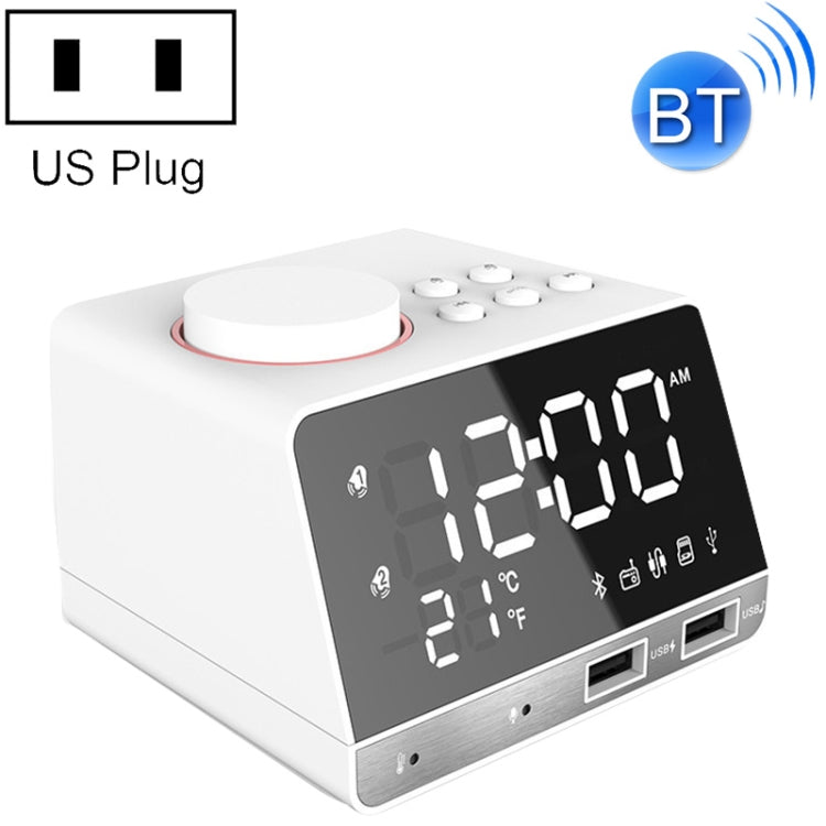 K11 Bluetooth Alarm Clock Speaker Creative Digital Music Clock Display Radio with Dual USB Interface, Support U Disk / TF Card / FM / AUX, US Plug, US Plug(Black), US Plug(White) – Bluetooth, TPU US Plug(White) White