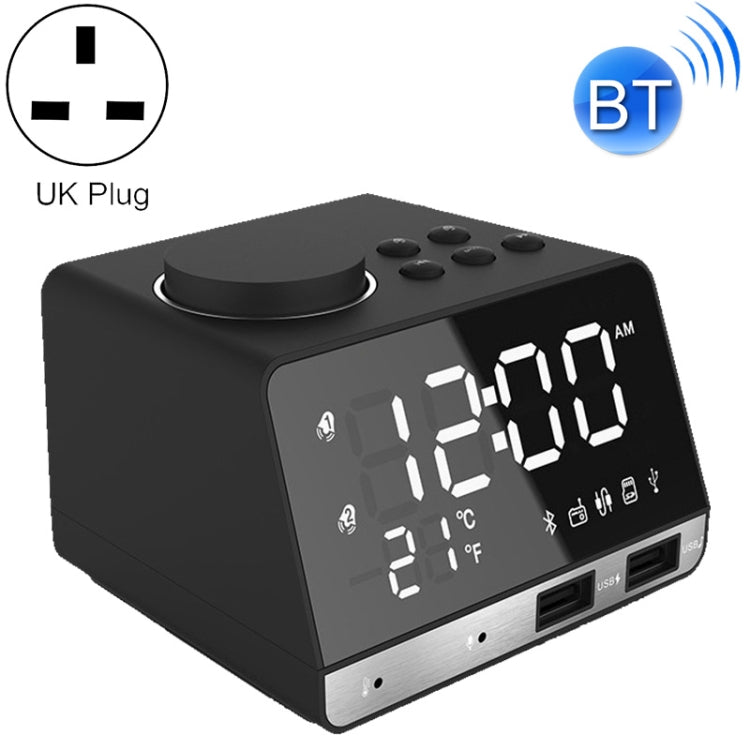 K11 Bluetooth Alarm Clock Speaker Creative Digital Music Clock Display Radio with Dual USB Interface, Support U Disk / TF Card / FM / AUX, UK Plug, UK Plug(Black), UK Plug(White) – Bluetooth, TPU UK Plug(Black) Black