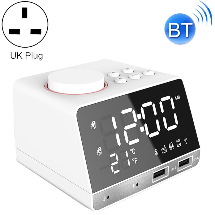 K11 Bluetooth Alarm Clock Speaker Creative Digital Music Clock Display Radio with Dual USB Interface, Support U Disk / TF Card / FM / AUX, UK Plug, UK Plug(Black), UK Plug(White) – Bluetooth, TPU UK Plug(White) White