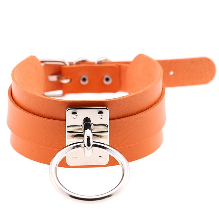 European and American Harajuku PU Leather Silver Single Ring Collar Wide Street-Snap Nightclub O-shaped Choker Necklace, Silver Ring Silver Ring Orange