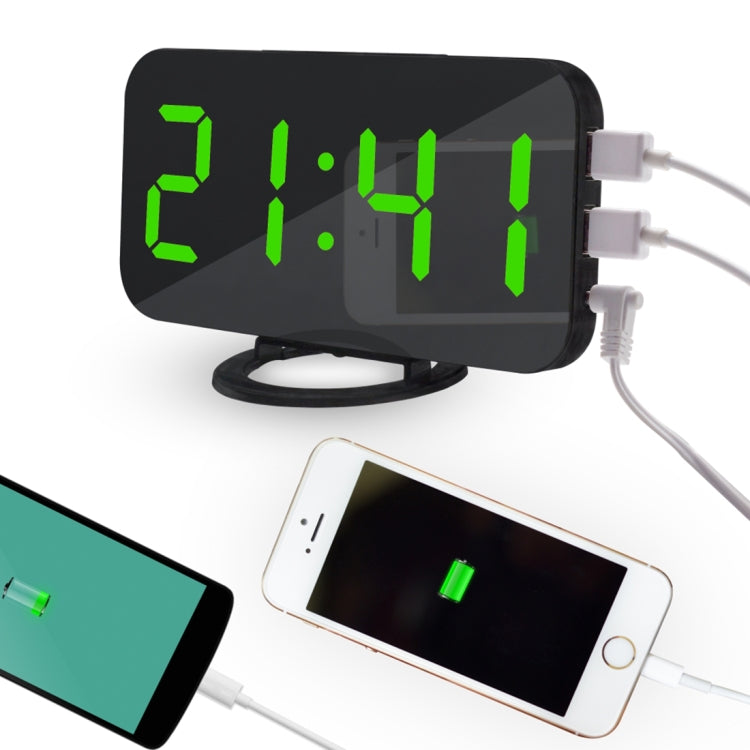Multifunction Creative Mirror Reflective LED Display Alarm Clock with Snooze Function & 2 USB Charge Port Green