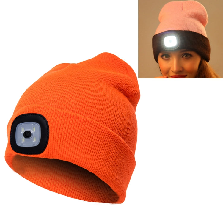 Unisex Warm Winter Polyacrylonitrile Knit Hat Adult Head Cap with 4 LED Lights, USB Type – Durable Build, Easy to Use USB Type Orange