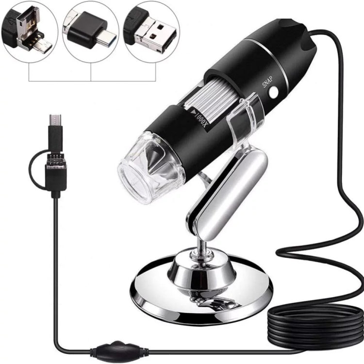 1600X Magnifier HD Image Sensor 3 in 1 USB Digital Microscope with 8 LED & Professional Stand Black