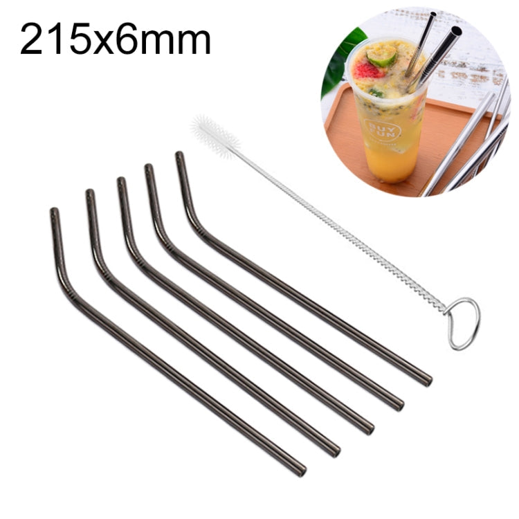 5pcs Reusable Stainless Steel Bent Drinking Straw + Cleaner Brush Set Kit, 215*6mm, 215*6mm (Bent) 215*6mm (Bent) Black