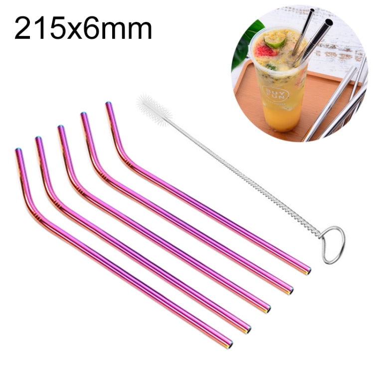 5pcs Reusable Stainless Steel Bent Drinking Straw + Cleaner Brush Set Kit, 215*6mm, 215*6mm (Bent) – Durable Build, Easy to Use 215*6mm (Bent) Colour