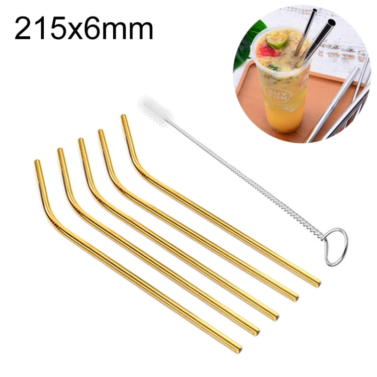 5pcs Reusable Stainless Steel Bent Drinking Straw + Cleaner Brush Set Kit, 215*6mm, 215*6mm (Bent) – Durable Build, Easy to Use 215*6mm (Bent) Gold