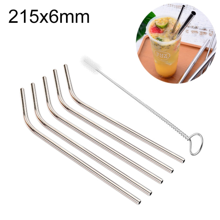 5pcs Reusable Stainless Steel Bent Drinking Straw + Cleaner Brush Set Kit, 215*6mm, 215*6mm (Bent) – Durable Build, Easy to Use 215*6mm (Bent) Silver