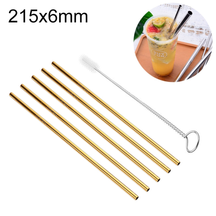 5pcs Reusable Stainless Steel Straight Drinking Straw + Cleaner Brush Set Kit, 215*6mm, 215*6mm (Straight) – Durable Build, Easy to Use 215*6mm (Straight) Gold