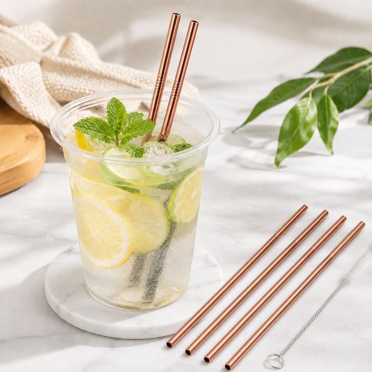 5pcs Reusable Stainless Steel Straight Drinking Straw + Cleaner Brush Set Kit, 215*8mm, 215*8mm (Straight) 215*8mm (Straight) Rose Gold