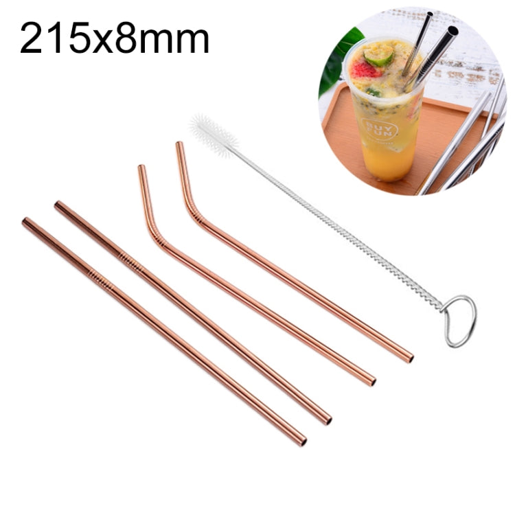 4pcs Reusable Stainless Steel Drinking Straw + Cleaner Brush Set Kit, 215*8mm, 215*8mm (Combination) 215*8mm (Combination) Rose Gold