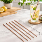5pcs Reusable Stainless Steel Straight Drinking Straw + Cleaner Brush Set Kit, 266*6mm, 266*6mm (Straight) 266*6mm (Straight) Rose Gold