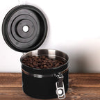 800ml Stainless Steel Sealed Food Coffee Grounds Bean Storage Container with Built-in CO2 Gas Vent Valve & Calendar Black