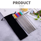 8pcs Reusable Silicone Tips Stainless Steel Drinking Straws + 2pcs Cleaner Brushes Set Kit with Cashmere Bag, 215*6mm, 215*6mm