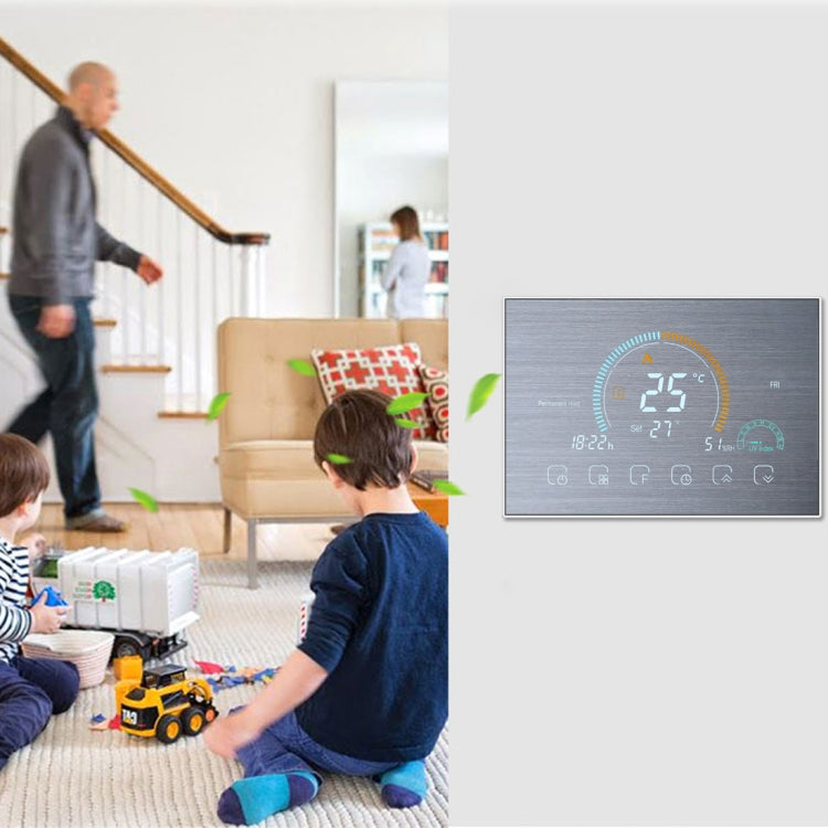 BHT-8000-GCLW-SS Brushed Stainless Steel Mirror Controlling Water/Gas Boiler Heating Energy-saving and Environmentally-friendly Smart Home Negative Display LCD Screen Round Room Thermostat with WiFi, with WiFi