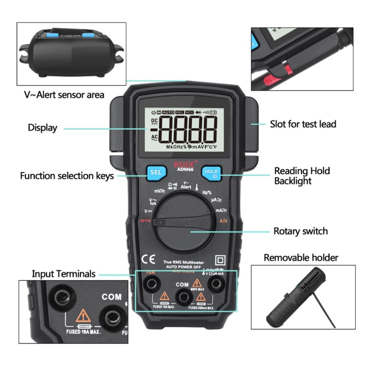 BSIDE ADM66 Handheld Household 6000 Count AC / DC Current Voltage Capacitor Automatic Range Multimeter with LCD Backlight & Card Slot Function – Card Slot