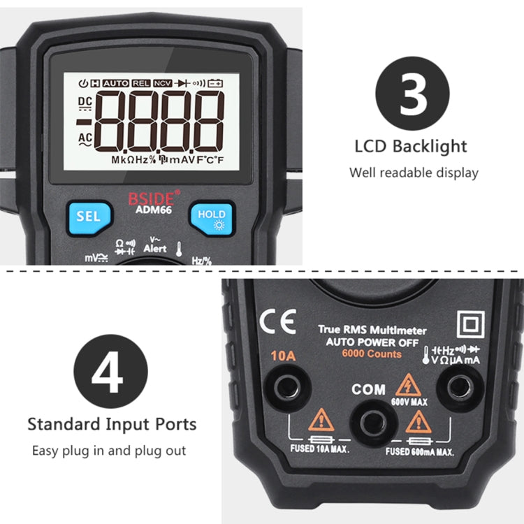BSIDE ADM66 Handheld Household 6000 Count AC / DC Current Voltage Capacitor Automatic Range Multimeter with LCD Backlight & Card Slot Function – Card Slot
