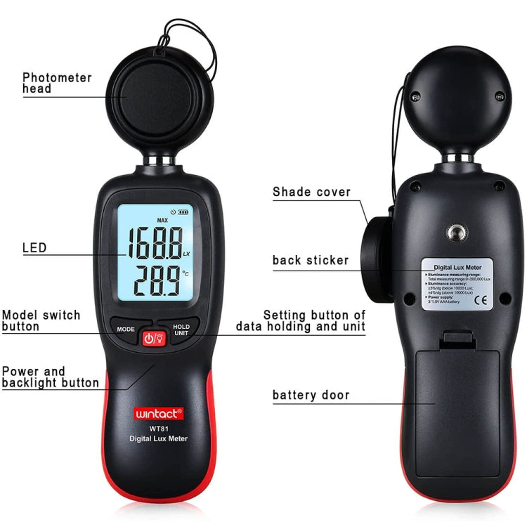 Wintact WT81 Digital Light Lux Meter for Factory / School / House Various Occasion, Range: 0-200,000 Lux – Durable Build, Easy to Use