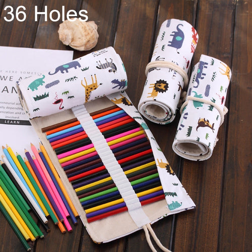 36 Slots Canvas Roll-Up Pencil Case & Pen Wrap Pouch 36 Slots