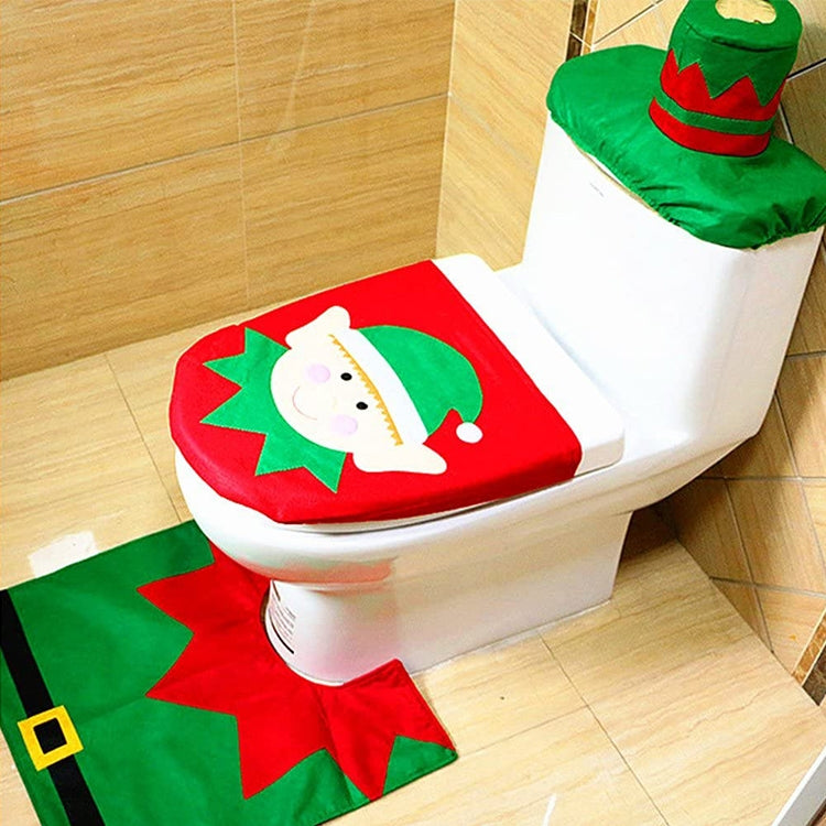 Fancy Christmas Decoration Happy Santa Elf Toilet Seat Cover Rug Bathroom Set, Elf Elf