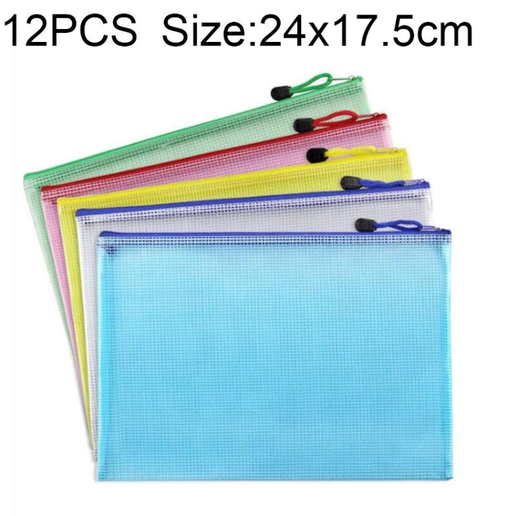 12pcs PVC Mesh Zipper Stationery Bags A5 Random Colours A5, Size: 24x17.5cm