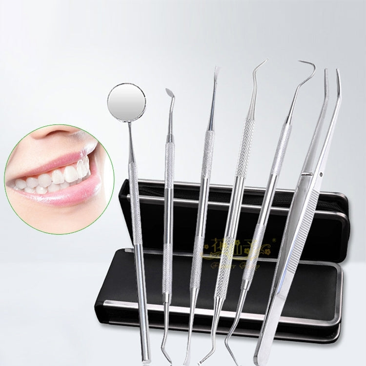 6 in 1 Dental Tool Set (Stainless Steel Probe + Hoe-shaped Dentist + Sickle Dentist + Tooth Stain Rejection Device + Dental Tweezers + Mouth Mirror), 6 in 1 6 in 1
