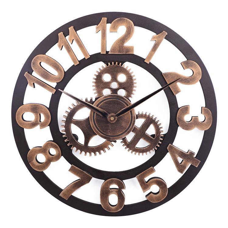 Retro Wooden Round Single-sided Gear Clock Arabic Number Wall Clock, Diameter: 70cm, Number 70cm – TPU Number 70cm Gold