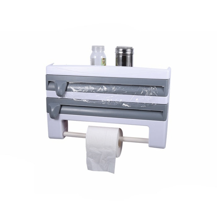 Kitchen Wall Mounted Cling Film Holder Wrap Storage Rack Hanger Rack Cutting Device, Size: 39 x 10 x 24cm, Grey Grey Grey