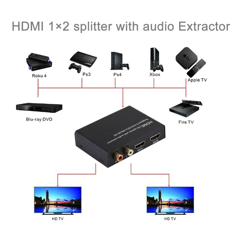 HDMI 1x2 Splitter with Audio Extractor, Support 5.1CH / 2CH, 4Kx2K, 3D, 4Kx2K with Audio Extractor – TPU, 4K