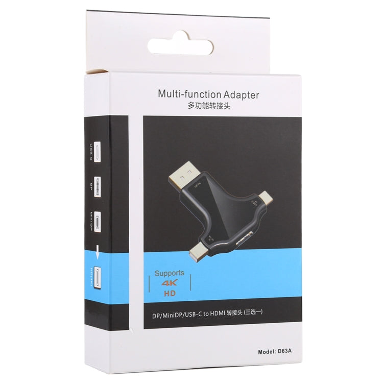 D63A Adapter – DisplayPort + Mini DP + UCB-C / Type-C Male to HDMI Female 3 in 1...